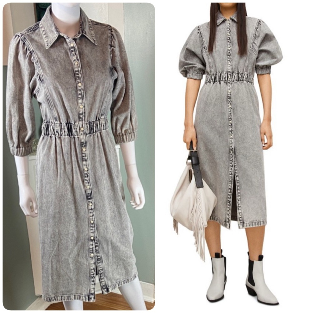 All Saints Osa Acid Wash Washed Gray Denim Jean Midi Pencil Dress 2 puff sleeve